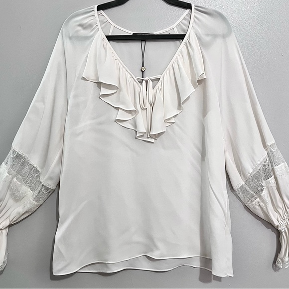 NWT Kobi Halperin Nicolette Lace-Inset Ruffled Silk Blouse in Ivory White - Picture 2 of 16
